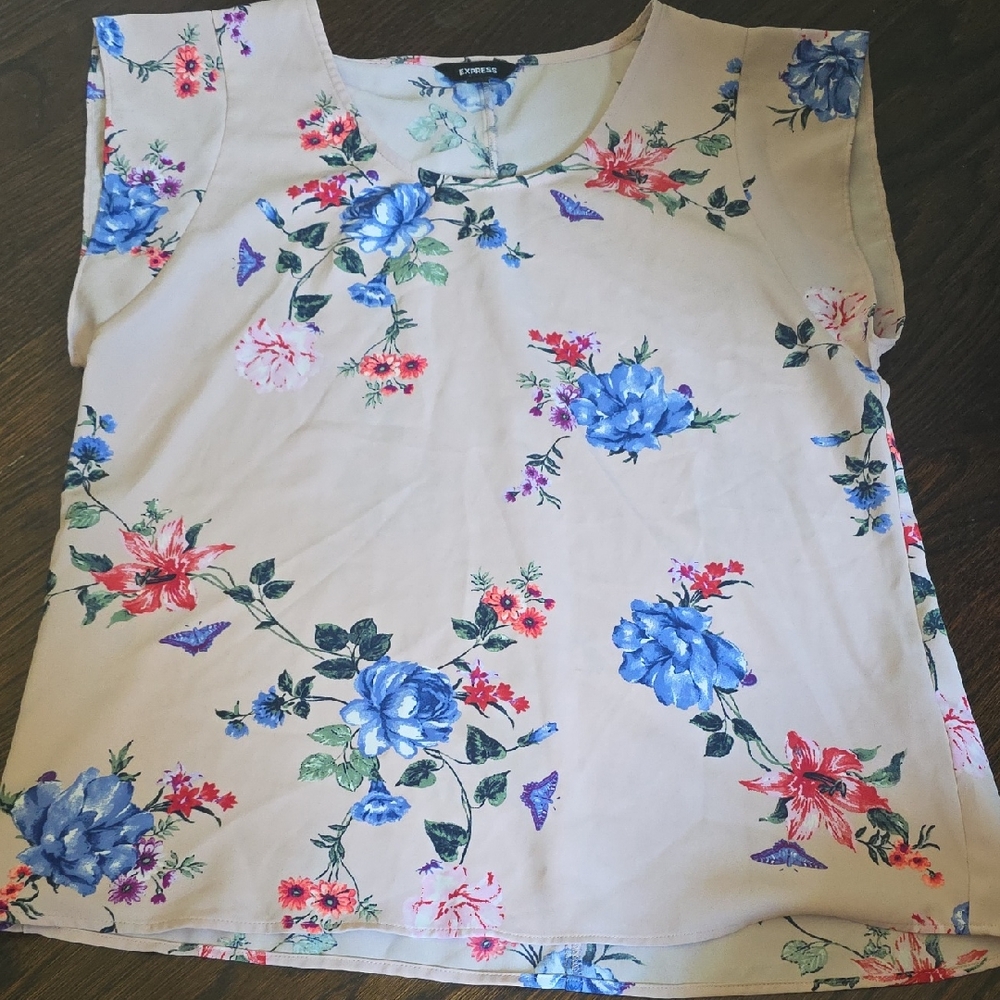 Express Floral Blouse with Blue and Red Accents